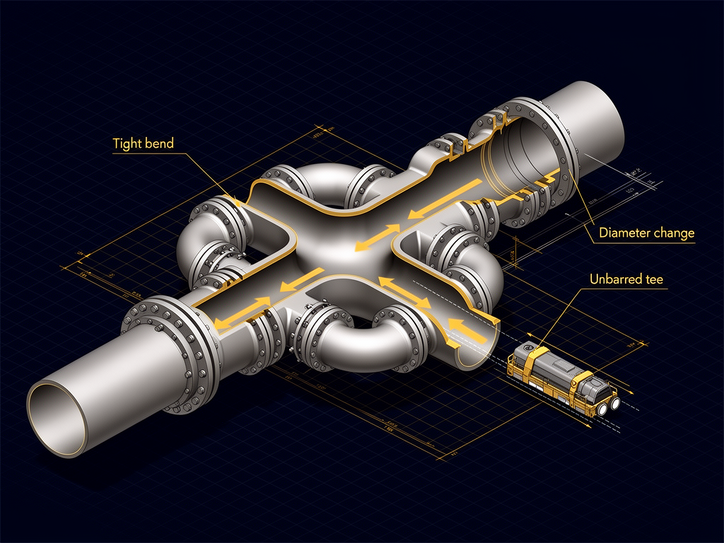 Diagram illustrating pipeline features that make it unpiggable, such as tight bends and diameter changes.
