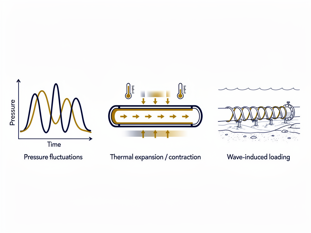 Diagram showing sources of cyclic stress on a pipeline including pressure variations, temperature changes, and environmental loading.